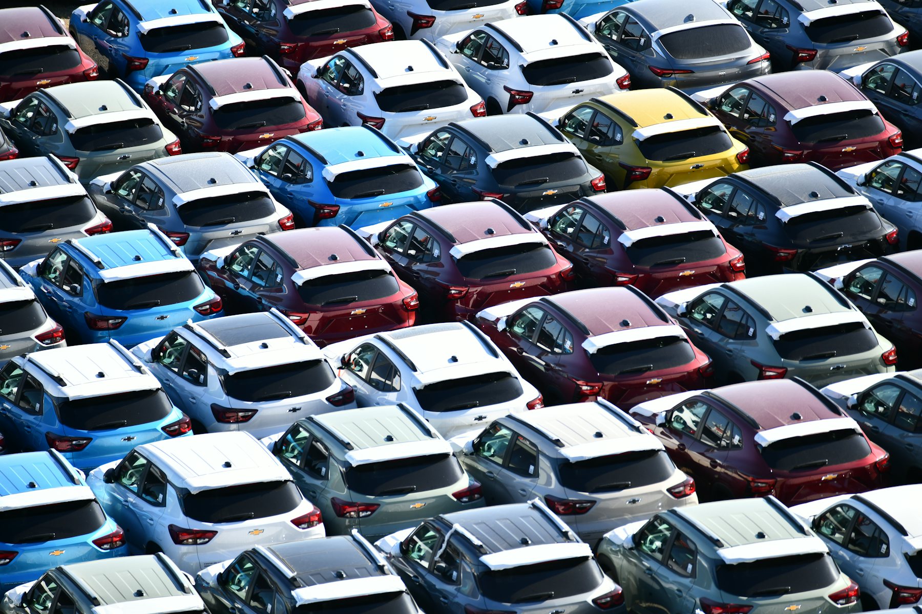 Rows of new inventory on a dealership lot