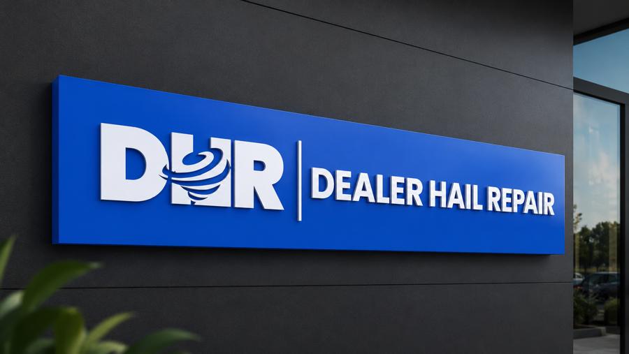 Dealer Hail Repair sign on a dealership building