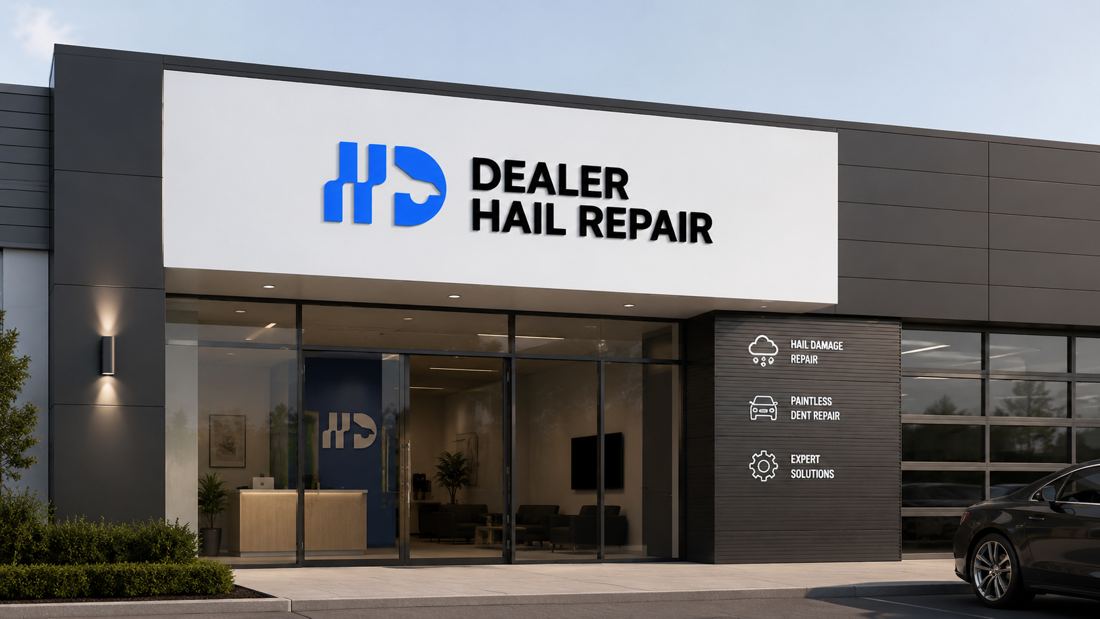 Dealer Hail Repair signage on a dealership storefront